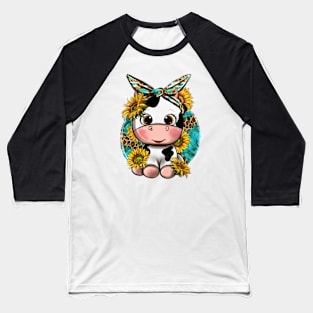 Cute Cow With Sunflower And Leopard, Hand Drawn Cow, Baby Cow Baseball T-Shirt